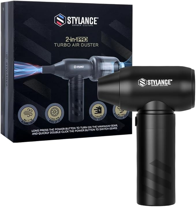 Barber Air Duster, 110000 RPM 2-in-1 Mini Aluminum Air Duster, Professional Hair Cleaning Tool for Barbers, Rechargeable Turbo Air Blower with Dust Filter, 2 Nozzles for Hair, Keyboard, PC
