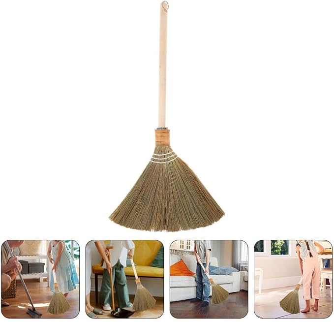 Healeved Handmade Asian Broom for Indoor Sweeping, 26" Short Handle Traditional Vietnamese Miscanthus Straw Broom with Hanging Cord, Soft Bristle Floor Sweeper for Hardwood, Tile and Dust Cleaning
