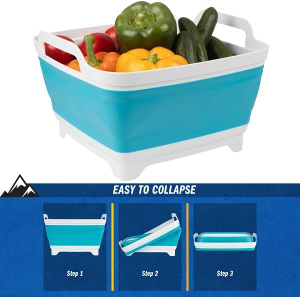 Collapsible Wash Basin - 9L Portable Sink with Drain - Plastic Tub Dish Pan for Camping, Handwashing Laundry, or Dishes by Wakeman Outdoors (Blue)