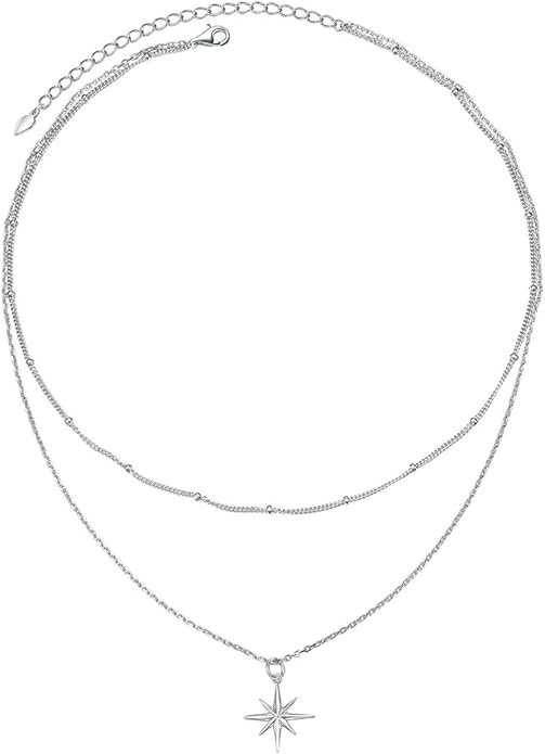 FLYOW Layered Choker Necklace S925 Sterling Silver Star Full Moon Daisy Flower Pendant Disc Jewelry Adjustable Clavicle Necklaces for Women Girls Birthday Gifts