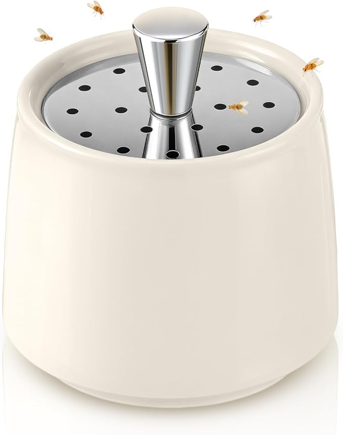 Ceramic Fruit Fly Trap for Indoors, Reusable Kitchen Fly Catcher with Stainless Steel Vent Lid, Uses Safe & Natural Vinegar Bait Trap, Dishwasher Safe, Easy to Use (White,1 Pack)