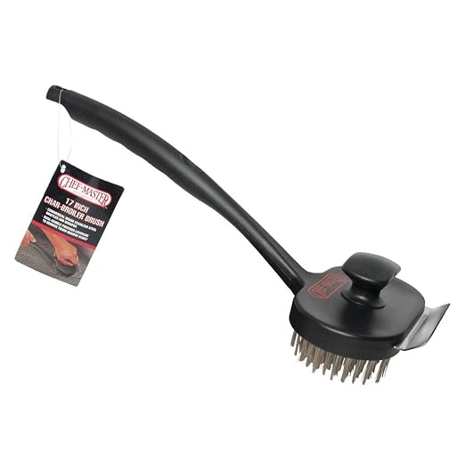 Chef Master Stainless Steel Bristles Black Plastic Dual-Handle Char-Broiler Brush - 6 3/4"L x 4"W x 17"H