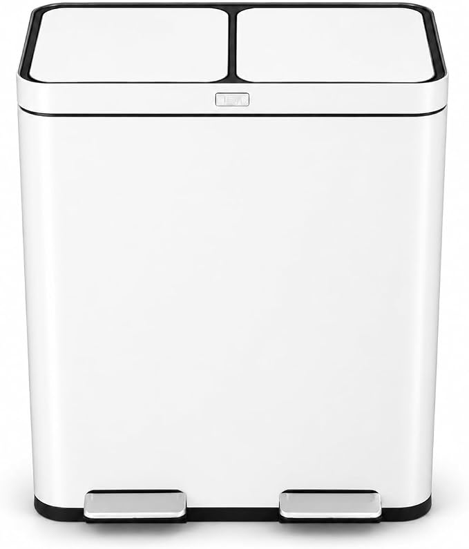 Home Zone Living 16 Gallon Kitchen Trash Can with Dual Compartments | Stainless Steel with CleanAura Odor Control, Soft-Close Step Pedal Lids for Recycling, White