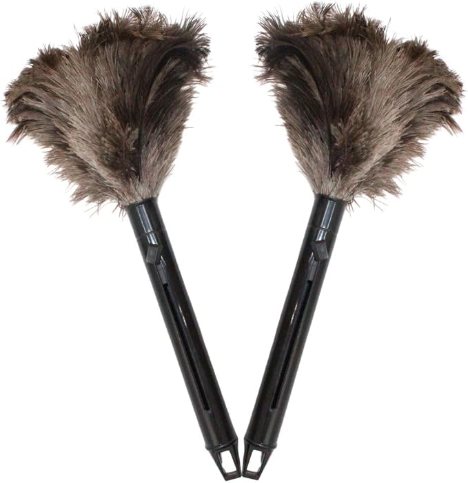 Retractable Feather Duster 8-14 in Adjustable - Natural Ostrich Feather Duster for Cleaning Ceiling Fans, Blinds, Plantation Shutters, Walls & Furniture - Quality Checked in USA - 2 Pack