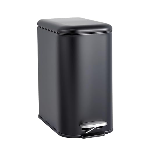 GlowSol Bathroom Trash Can with Lid, 1.3 Gallon 12 L Stainless Steel Step Trash Can with Removable Liner Bucket, Slim Small Wastebasket for Toilet Bedroom Office, Black