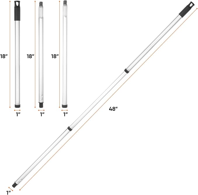 Superio 3 Part Heavy Duty Metal Handle Pole with Hanging Loop for Easy Storage, Mop Replacement Handle, Fits Most Brooms, Mops & Brushes, 48" (6 Pack)