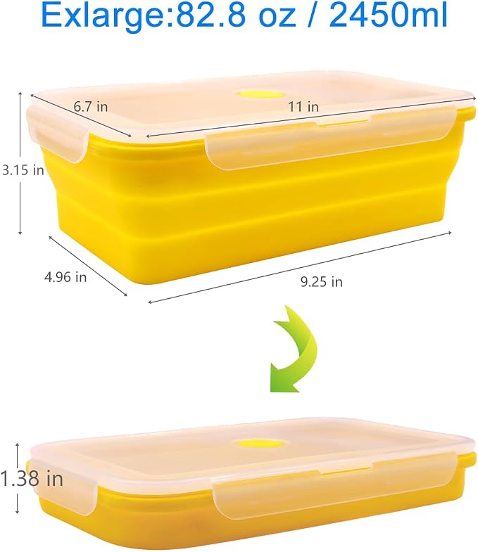 Extra Large Collapsible Silicone Food Storage Containers With Lids, 82.8oz, 2 Pack, XXL Foldable Bento Lunch Box, Rv Collapsible Bowls, Big Meal Boxes for Kitchen, Camping (Red and Yellow)