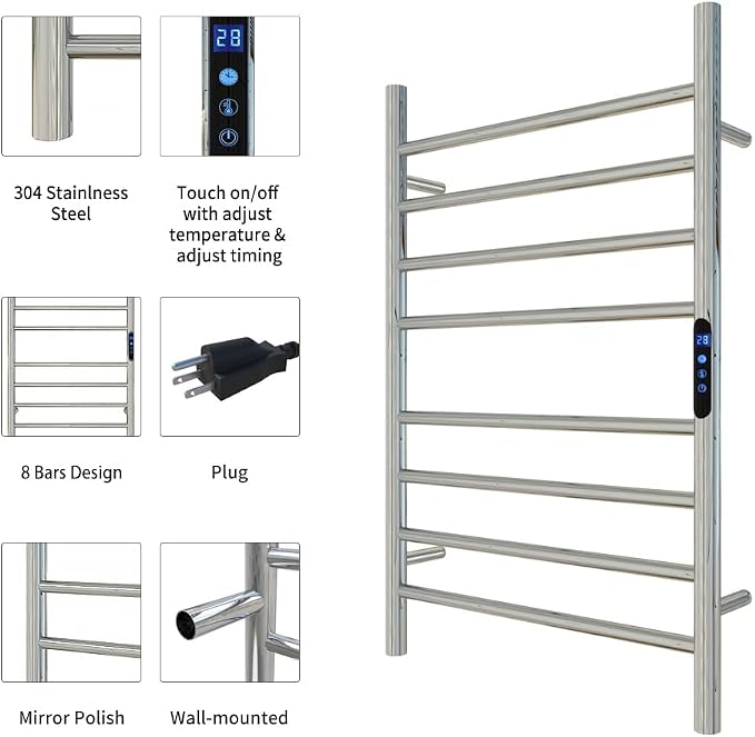 KWW Heated Towel Rack, Remote Control with APP Tuya, Towel Warmer with Timer, Wall Mounted Hot Towel Warmer for Bathroom (Polished, 7Bars)