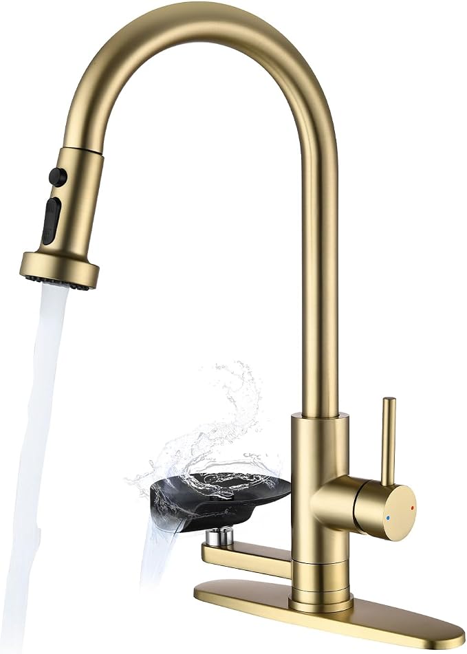 Kitchen Faucet with Glass Rinser for Sink, Pull Down Faucet with 3 Spray Modes and High Pressure Glass Rinser, Single Hole 2 in 1 High Arc Stainless Steel Kitchen Faucets (Brushed Golden)