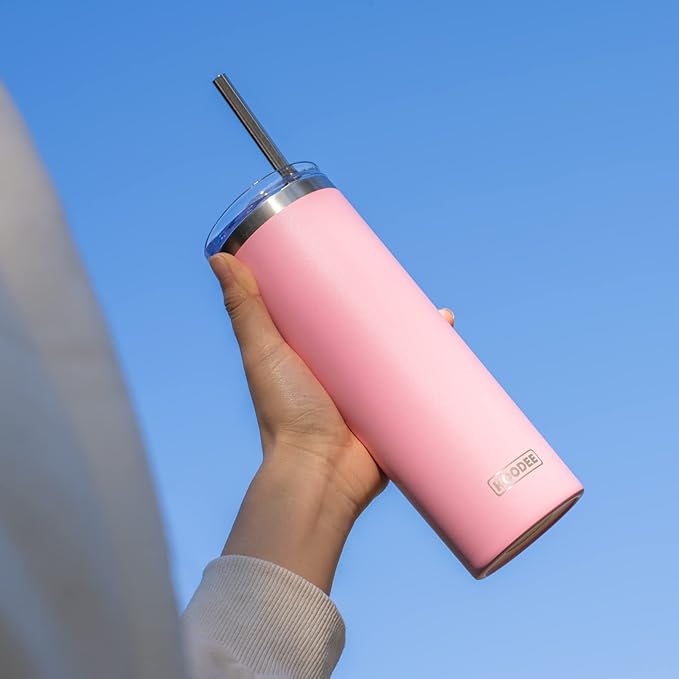 koodee 20 oz Stainless Steel Skinny Tumbler Double Wall Insulated Slim Water Tumbler Cup with Lids and Straw (Pink)