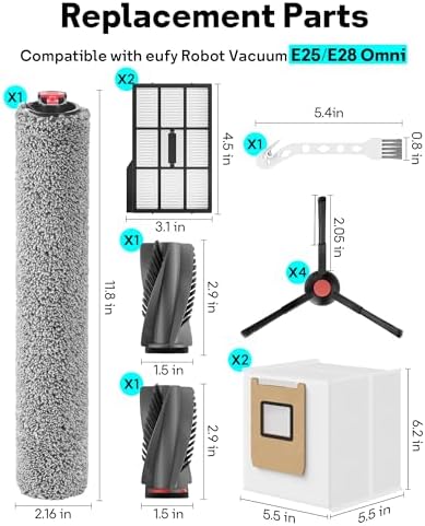 E25 E28 Replacement Parts for eufy Omni Robot Vacuum E25 E28, 12 Pack E25 Dust Bags + 12 Pack E25 Accessories Parts