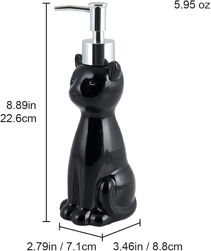 Allure Home Creation Cat 3-Piece Black Ceramic Toilet Brush Holder with White Plastic Brush and Soap Dispenser Set-Black