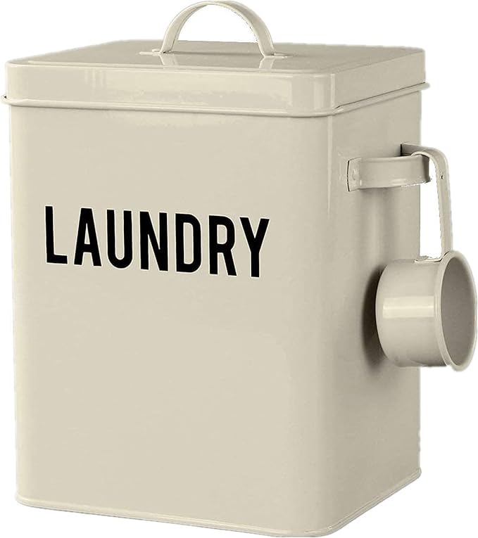 LA JOLIE MUSE Laundry Detergent Powder Storage Tin Box, Farmhouse Laundry Room Decor, 9 Inch High, Cream