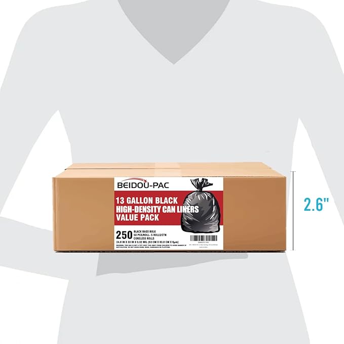 BEIDOU-PAC 13 Gallon Trash Bags, 250 Count Black Tall Kitchen Garbage bags, Multi-purpose Trash Can Bin Liners for Bathroom, Office, Industrial, Commercial, Janitorial, Municipal, Recycling