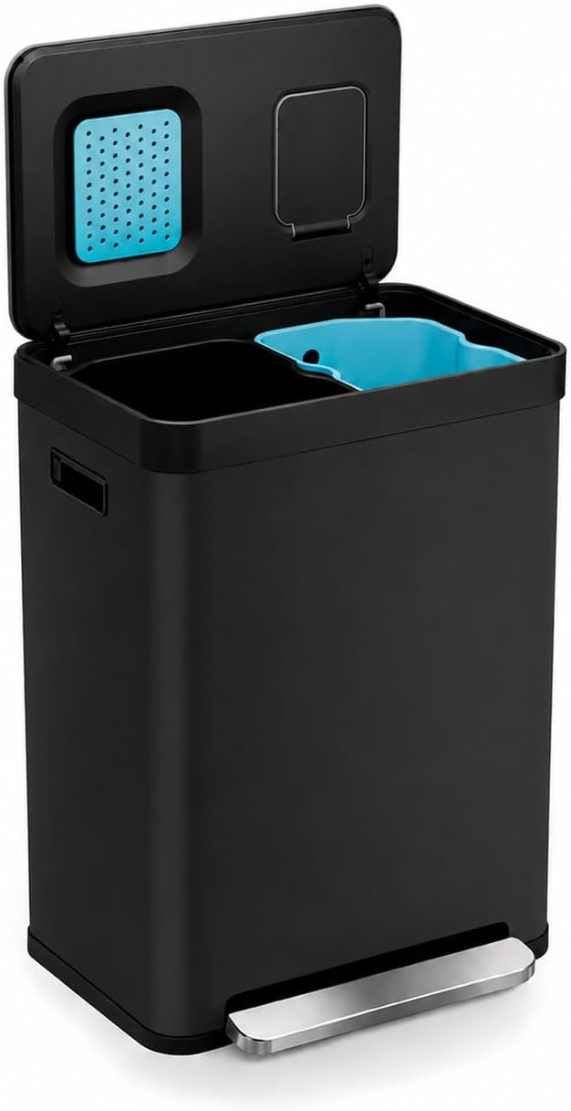 Home Zone Living 19 Gallon Kitchen Trash Can with Dual Compartments for Recycling, CleanAura Odor Control, Stainless Steel, Matte Black, 70 Liters Total