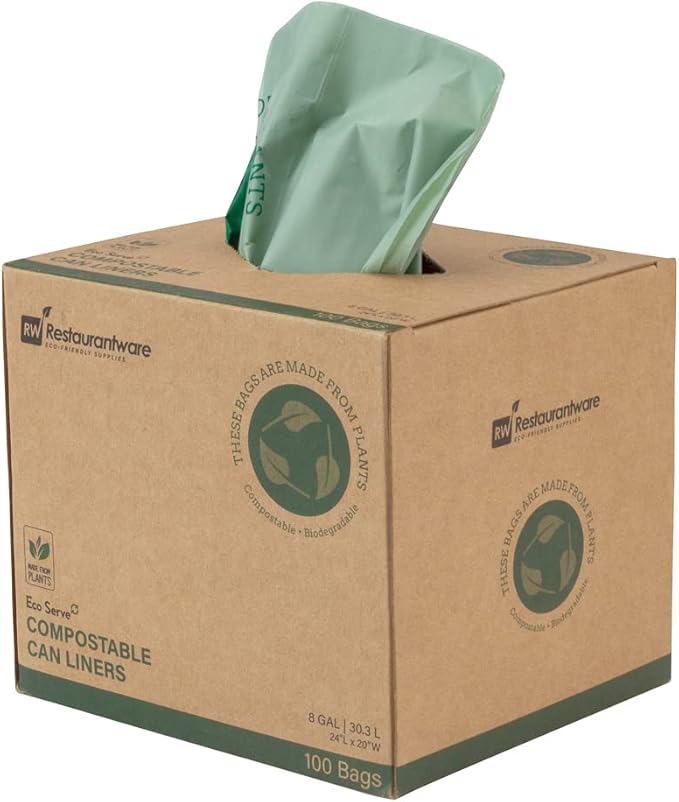 Restaurantware-RW Eco 8 Gallon Biodegradable Garbage Bags, 100 Compostable Trash Bags - Star Seal Bottom, Won't Tear Or Leak, Green Plastic Trash Can Liners, BPI-Certified, For Office And Homes