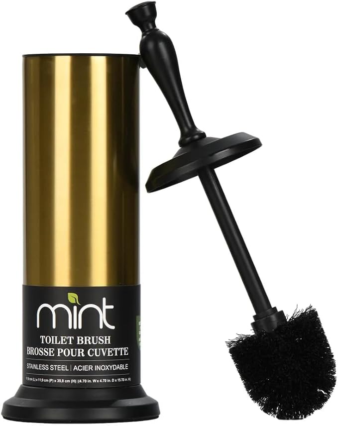 J&V TEXTILES Toilet Brush, Toilet Bowl Brush with Extra Long Handle Durable Bristles Toilet Scrubber and Covered Holder for Toilet Brush Set for Bathroom Cleaning (Aged Brass/Matte Black)