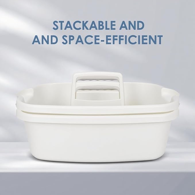 2 Pack Cleaning Supply Caddy with Handle, Portable Shower Caddy Organizer Plastic Basket with Handle, Stackable Tool Storage for Bathroom, Garden, Kitchen, Home Organization, White