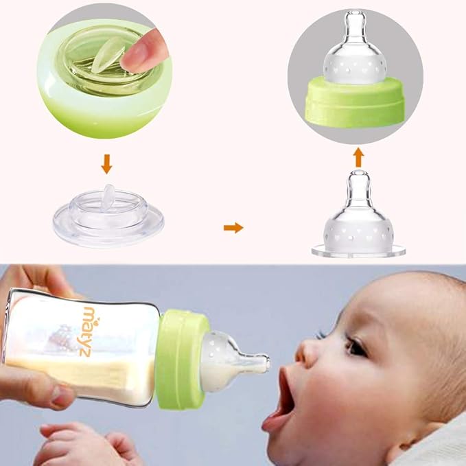 Matyz Glass Breastmilk Storage Bottles, 6 Pack, 6 oz, Compatible with Spectra Medela Breast Pump - Store, Freeze, Warm Up Milk Well - Wide Mouth Breastmilk Storage Containers - No BPA (Green Lids)