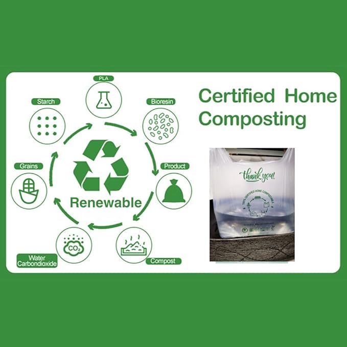 (Small) OrangeBio Certified Home Compostable Shopping Bags, 500 ct, Hold 12 lbs, 8" x 5" x 16.5", Thank You/Grocery/Take Out/T Shirt/To-Go Bags for Retail, Grocery Store