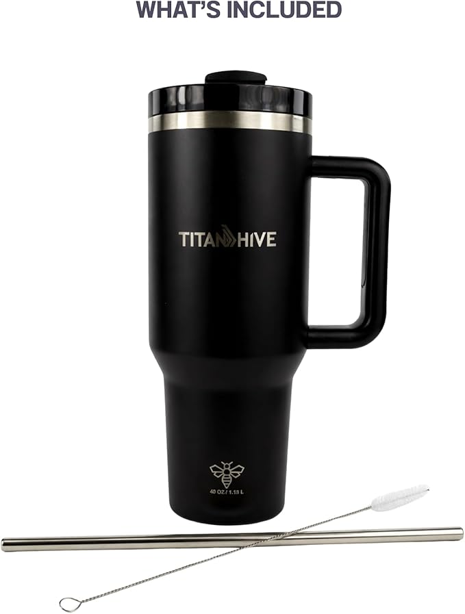 40 oz Insulated Stainless Steel Tumbler with Handle and Straw - Leak Resistant, Cup Holder Friendly Travel Mug (Matte Black)