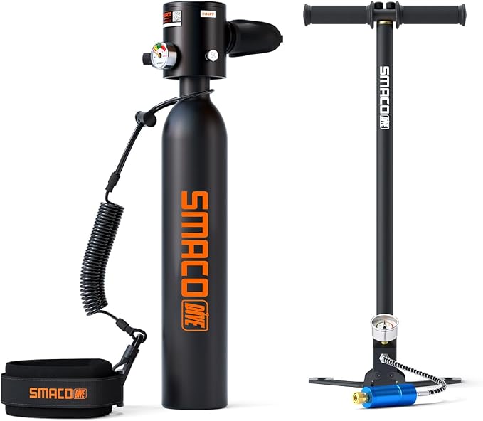 SMACO Mini Scuba Tank 0.5L Portable Reusable Diving Tank Emergency Diving Cylinder for Snorkeling, Freediving, Boat Cleaning & Air Backup Lightweight & Compact Design Pony Bottle S300