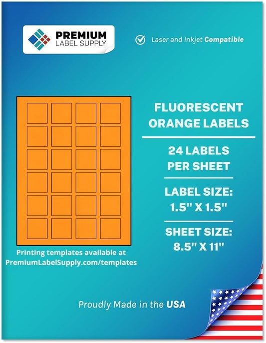 Premium Label Supply Bright Neon Color Fluorescent Sticker Labels - 1.5" x 1.5" Square Labels - (Fluorescent Orange, 12,000 Labels)