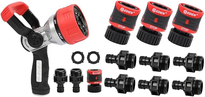 Eden 96806 Heavy Duty Metal Garden Hose Spray Nozzle Quick Connect Starter Set with Eden 99909 Quick Connect Starter Kit (9 pc Set)