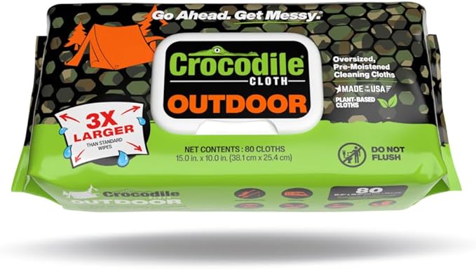 Crocodile Cloth Outdoor Cleaning Wipes, Plant-Based Multi-Surface Wipes, Pre-Moistened, Aloe & Vitamin E, Safe on Skin, 80 Count, 15 x 10 Inch
