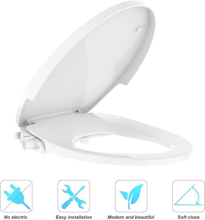 Non-Electric Round Bidet Toilet Seat with Dual Self-Cleaning Nozzles, Adjustable Spray Pressure and Position, Slow-Close Lid, Easy Installation, Ideal for Personal Hygiene and Comfort, White