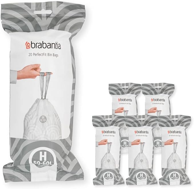 Brabantia PerfectFit Trash Bags (Size H/13.2-16 Gal) Thick Plastic Trash Can Liners with Drawstring Handles (120 Bags)
