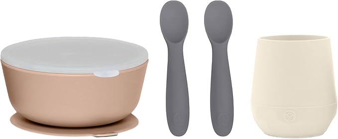 WeeSprout First Feeding Set - Silicone Baby Training Cup 2 Oz, Suction Bowl 10 Oz with Lid & 2 Baby Led Weaning Spoons - For Children 4+ Months - Non-Slip Grip - Dishwasher & Microwave Safe
