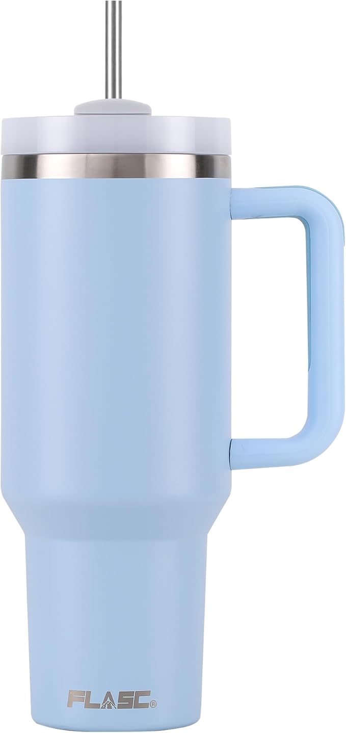FLASC 40 oz Tumbler With Handle and Straw | 100% Leakproof Insulated Tumbler With Lid and Straw | Includes ALL Accessories: Stainless Steel Straw, Silicon Boot, Straw Cover & Cleaner (Sky Blue)