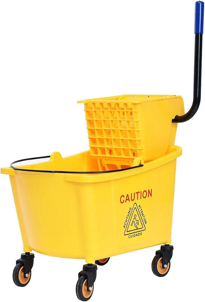 ReunionG Commercial Mop Bucket, Household Bucket with Wringer, Side Press Mop Bucket with Wheel and Handle, Side Press Wringer Trolley with Ergonomic Rocker for Easy Water Drain, Yellow (34 Quart)