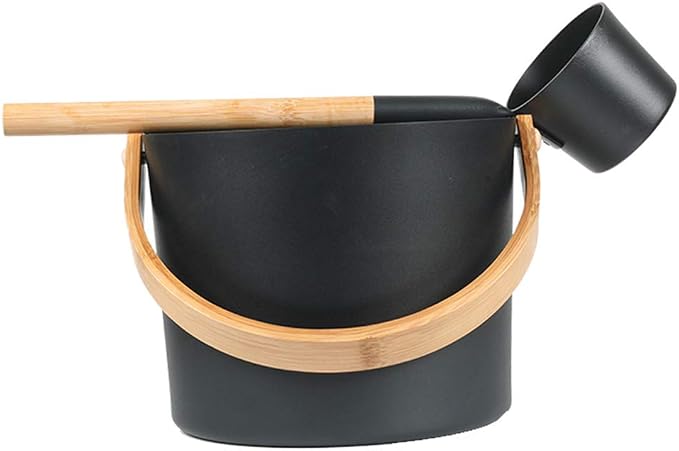 Sauna Bucket and Ladle Set, 1.85 Gallons (7L) Large Aluminum Sauna Bucket with Long Wooden Handle Spoon, SPA Shower Accessories, Saunas Accessories Set for Home Saunas (Color:Black)