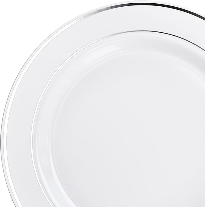 " OCCASIONS " 40 Piece Plates Pack, Heavyweight Disposable Wedding Party Plastic Bowls (14 oz Soup Bowl, White & Silver Rim)