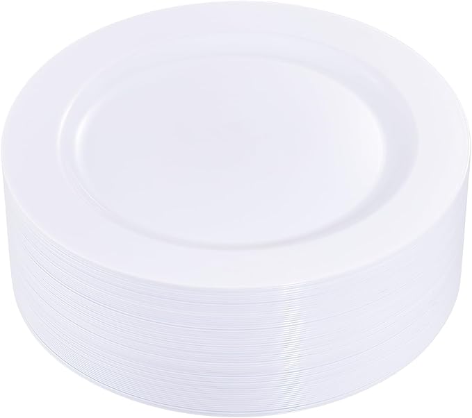 I00000 60Pcs White Plastic Dinner Plates 10 Inch, Premium Disposable Party Plates, Safe and Reusable, Heavy Duty Plastic Plates Perfect for Wedding Party
