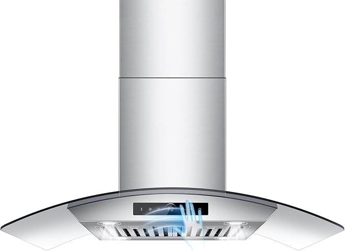 36 inch Island Range Hood 1200 CFM with 4-Speed Gesture Sensing & Touch Control, Ducted/Ductless Stainless Steel Ceiling Mount Kitchen Stove Vent Hoods with 4 LED Lights, Timer,Dishwasher-Safe Filters