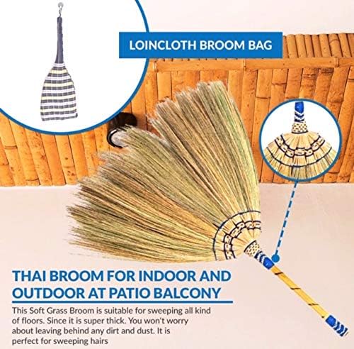 1 Piece of 24'inch Tall of Thai Natural Grass Broom and 1 Piece of Loincloth Storage Bag Asian Broom Hand Broom Duster Grass for dusting Dirt and dust