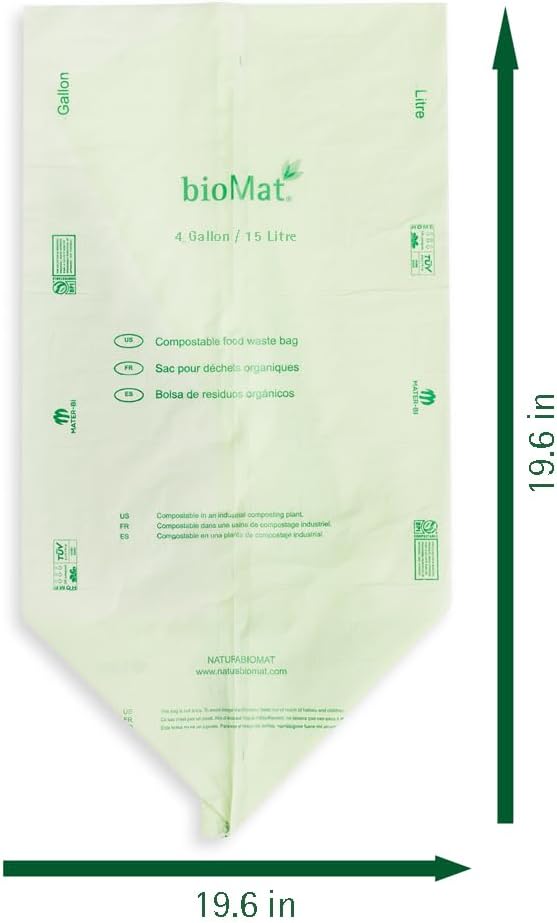 bioMat Compostable Trash Bags 4 Gallon, 25 Count, Small flat top Kitchen Food Scrap Bin Liners, BPI, CMA and OK Compost HOME certified, Meets the ASTM D6400 Standard