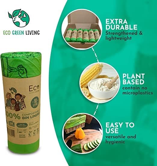 Eco Green Living 100% Compostable Caddy Liners, Biodegradable Food Waste Bags. Plastic & BPA-Free 10L Bin Liners, Vegan, Recyclable, Leakproof Kitchen Waste Bags, 4 Pack, 72 Bags
