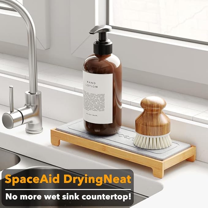 SpaceAid Instant Dry Sink Caddy Organizers with Bamboo Rack Soap Holder Dispenser Stone Bath Mat Drying Large Non Slip
