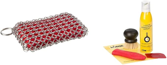 Lodge ACM10R41 Scrubbing pad, One, Red & Seasoned Cast Iron Care Kit