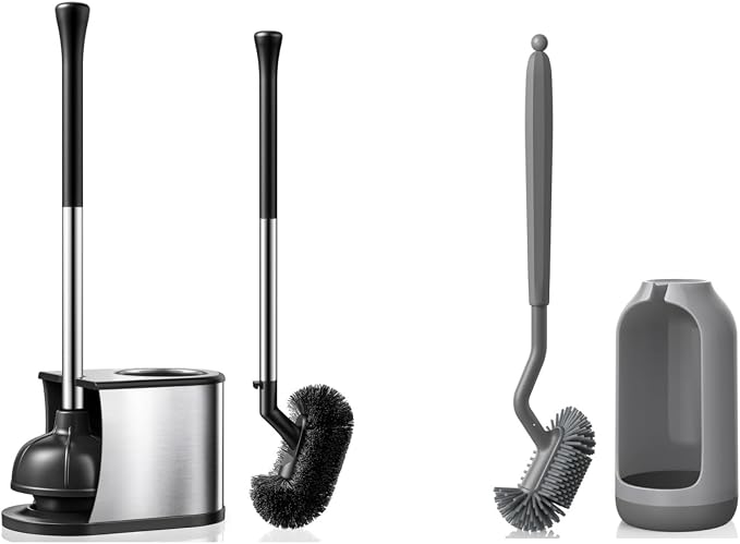 Silicone Bathroom Deep Cleaning Toilet Bowl Brush Holder Set Gray and 2 in 1 Stainless Steel Rustproof Toilet Plunger and Brush Set