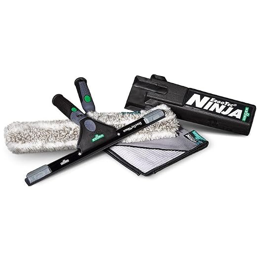 Unger Commercial ErgoTec Advanced Window Cleaning Ninja Kit 4-in-1 – Squeegee, Scrubber, Tool Holder, Microfiber Cloth – Professional Indoor/Outdoor Window Cleaning Equipment, WNK12