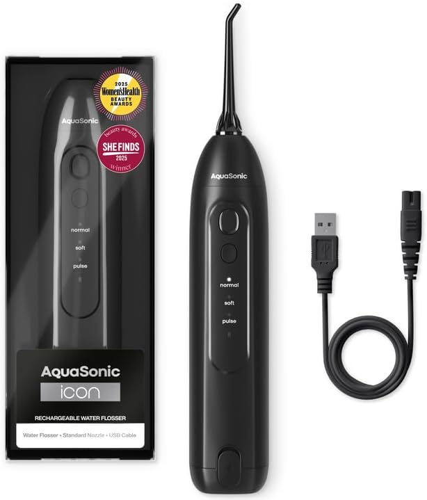 AquaSonic Icon Water Flosser for Teeth – Cordless Rechargeable Oral Irrigator – Waterproof, Portable Dental Cleaning with Jet Tip – Braces Home Travel - Onyx