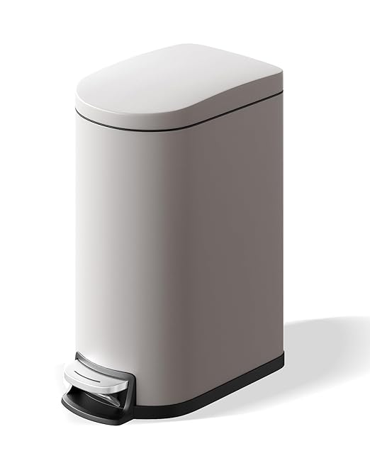 Garvee 2.6 gal / 10 L Metal Bathroom Trash Can with Lid, Slim Waterproof Garbage Can for Bedroom, Small Step-on Trash Bin with Inner Bucket, Rear Handle, Soft Close Lid, Grey