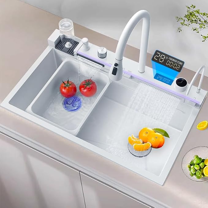 26.8 inch White Smart Digital Display Waterfall Sink, 304 Stainless Steel Modern Kitchen Sink with 5 Water Outlet Modes, Waterfall Pull-Out Faucet, Cup Washers and Accessory Set