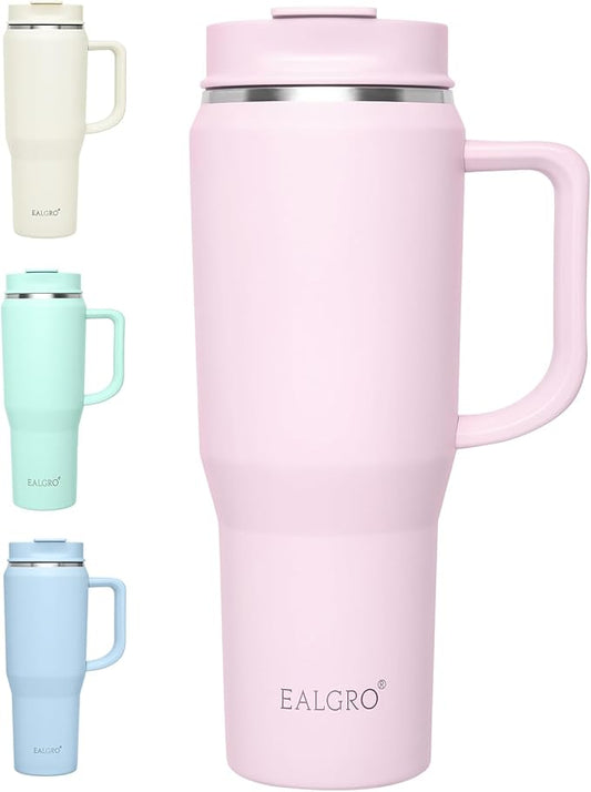 EALGRO 40 oz Tumbler with Handle, Insulated Tumblers with Lid and Straw, Large Metal Sports Water Bottle Jug, Thermal Stainless Steel Travel Coffee Mug Cup, Blush