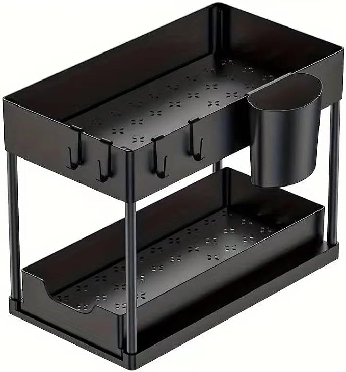 Success Goods 2 Pack Under Sink Organizer with Pull Out Drawer – Double Tier Sliding Storage Rack for Kitchen & Bathroom, Cabinet Organizer for Cleaning Supplies (Black)